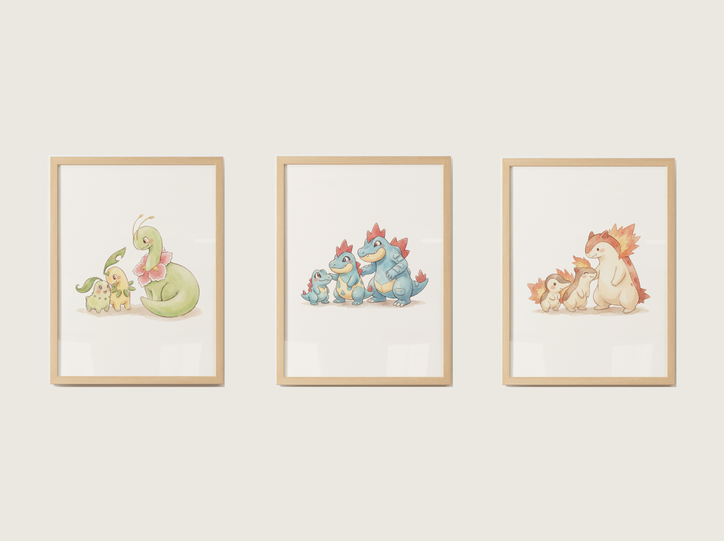 Gen 2 Evolution Line Wall Art Bundle, 3 Printable Posters, Johto Pokemon Nursery Decor, Digital Download