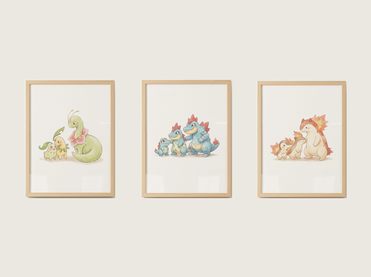 Gen 2 Evolution Line Wall Art Bundle, 3 Printable Posters, Johto Pokemon Nursery Decor, Digital Download
