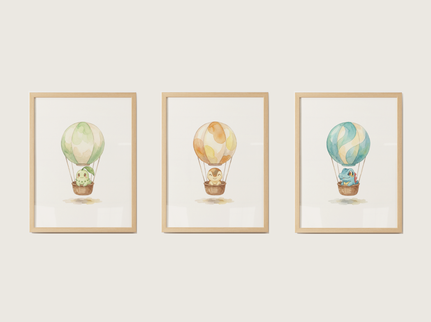 Gen 2 Starters Hot Air Balloon Wall Art, 3 Printable Posters, Chikorita Cyndaquil Totodile, Digital Download