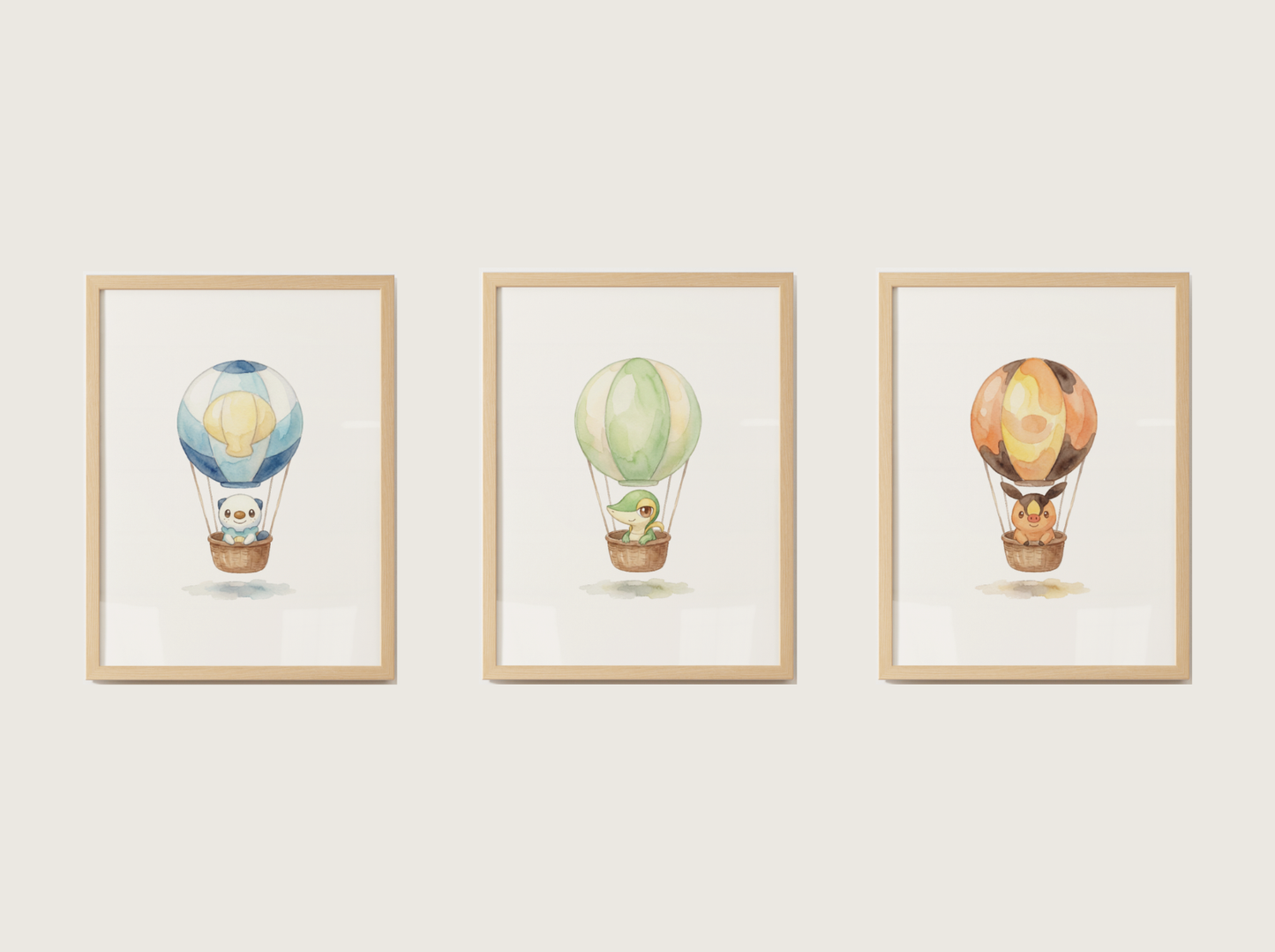 Gen 5 Starters Hot Air Balloon Wall Art, 3 Printable Posters, Snivy Tepig Oshawott, Digital Download