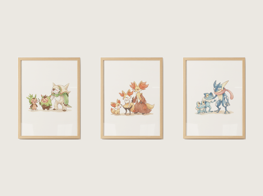 Gen 6 Evolution Line Wall Art Bundle, 3 Printable Posters, Kalos Pokemon Nursery Decor, Digital Download