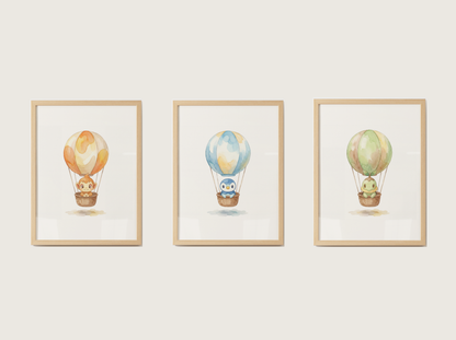 Gen 4 Starters Hot Air Balloon Wall Art, 3 Printable Posters, Turtwig Chimchar Piplup, Digital Download