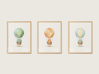 Gen 1 Starters Hot Air Balloon Wall Art, 3 Printable Posters, Bulbasaur Charmander Squirtle, Digital Download