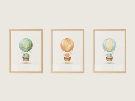 Gen 1 Starters Hot Air Balloon Wall Art, 3 Printable Posters, Bulbasaur Charmander Squirtle, Digital Download