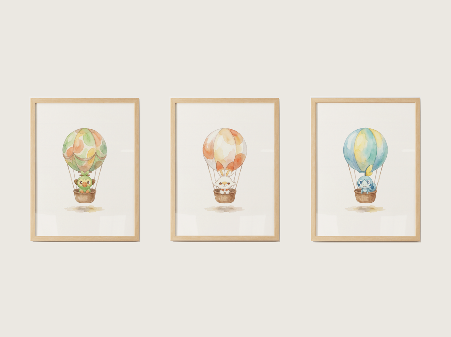 Gen 8 Starters Hot Air Balloon Wall Art, 3 Printable Posters, Grookey Scorbunny Sobble, Digital Download