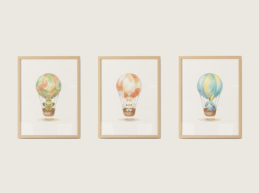 Gen 8 Starters Hot Air Balloon Wall Art, 3 Printable Posters, Grookey Scorbunny Sobble, Digital Download