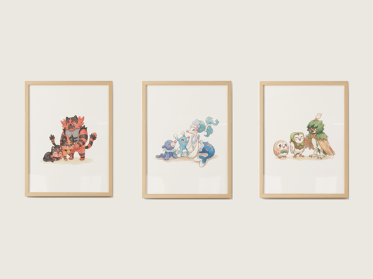 Gen 7 Evolution Line Wall Art Bundle, 3 Printable Posters, Alola Pokemon Nursery Decor, Digital Download