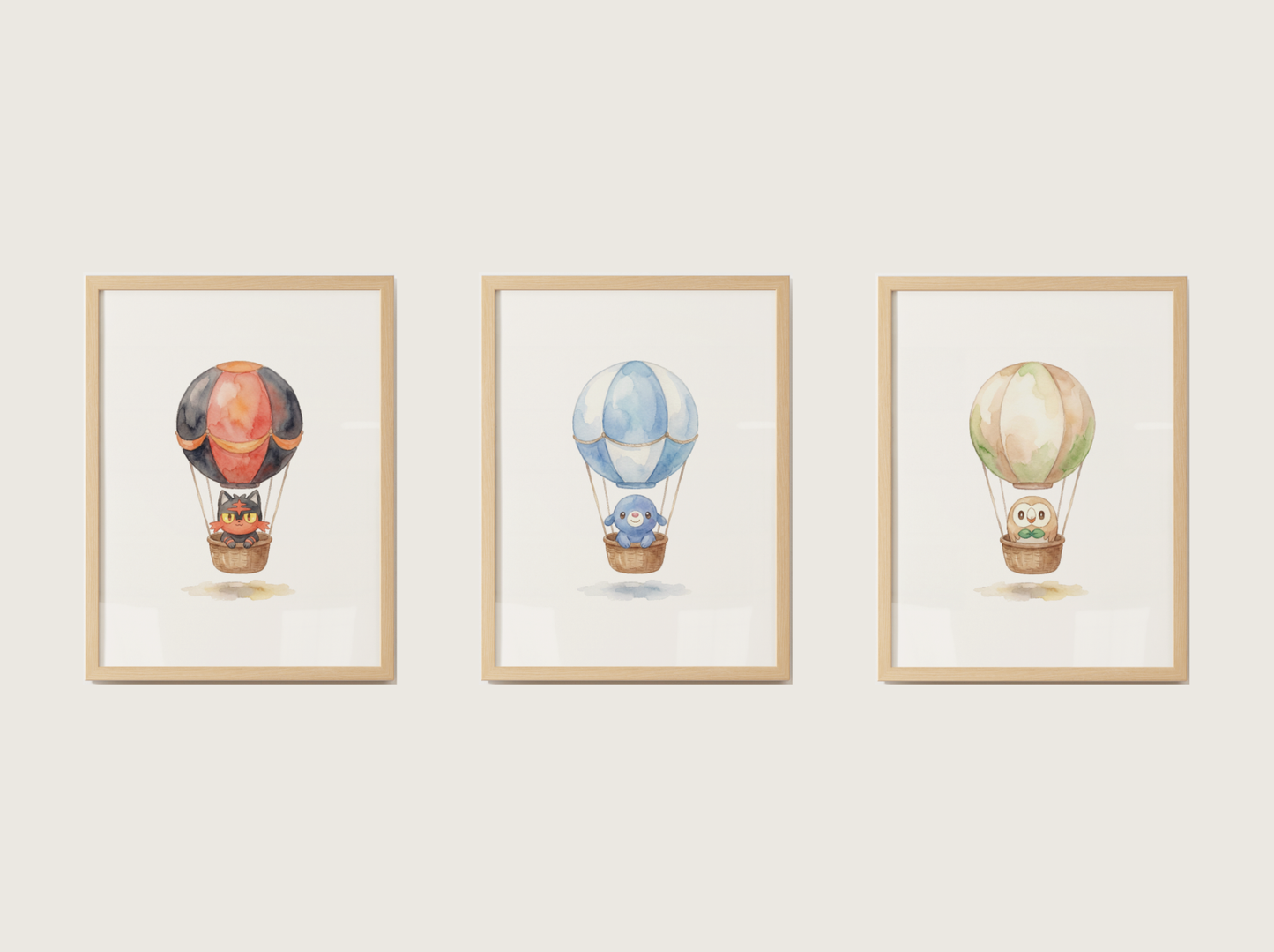 Gen 7 Starters Hot Air Balloon Wall Art, 3 Printable Posters, Rowlet Litten Popplio, Digital Download