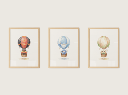 Gen 7 Starters Hot Air Balloon Wall Art, 3 Printable Posters, Rowlet Litten Popplio, Digital Download