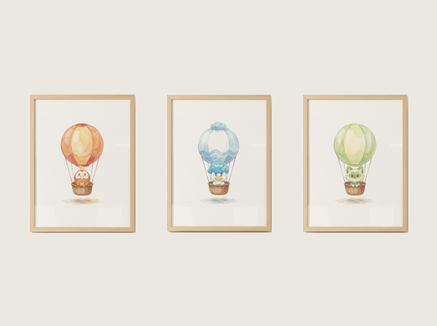 Gen 9 Starters Hot Air Balloon Wall Art, 3 Printable Posters, Sprigatito Fuecoco Quaxly, Digital Download