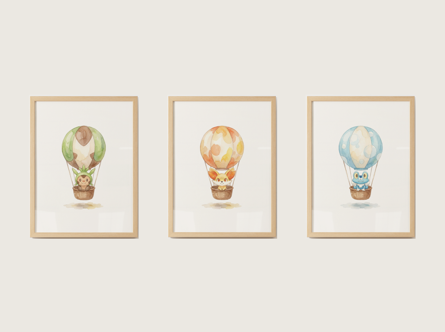 Gen 6 Starters Hot Air Balloon Wall Art, 3 Printable Posters, Chespin Fennekin Froakie, Digital Download