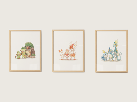 Gen 8 Evolution Line Wall Art Bundle, 3 Printable Posters, Galar Pokemon Nursery Decor, Digital Download
