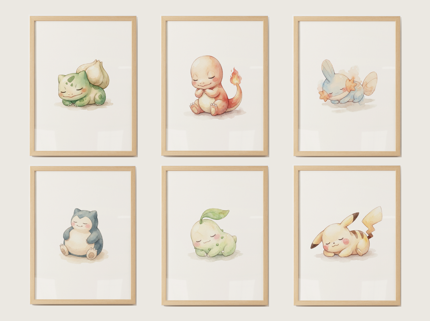 Sleeping Pokémon Nursery Wall Art Bundle, 6 Printable Posters, Bulbasaur Charmander Chikorita Mudkip Pikachu Snorlax, Instant Download