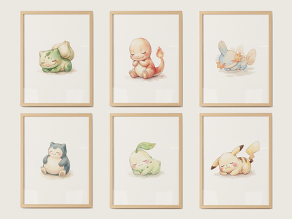 Sleeping Pokémon Nursery Wall Art Bundle, 6 Printable Posters, Bulbasaur Charmander Chikorita Mudkip Pikachu Snorlax, Instant Download