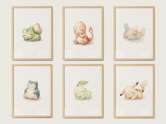 Sleeping Pokémon Nursery Wall Art Bundle, 6 Printable Posters, Bulbasaur Charmander Chikorita Mudkip Pikachu Snorlax, Instant Download