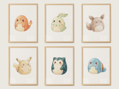 Plush Pillow Pokémon Nursery Wall Art Bundle, 6 Printable Posters, Charmander Chikorita Eevee Pikachu Snorlax Squirtle, Instant Download