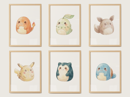 Plush Pillow Pokémon Nursery Wall Art Bundle, 6 Printable Posters, Charmander Chikorita Eevee Pikachu Snorlax Squirtle, Instant Download