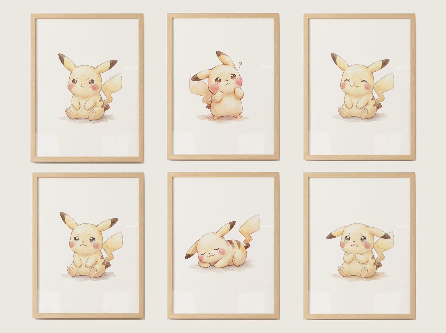 Pokémon Pikachu Emotions Nursery Wall Art Bundle, 6 Printable Posters, Angry Confused Happy Sad Scared Sleepy, Digital Download