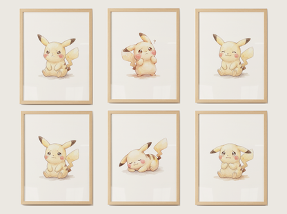 Pokémon Pikachu Emotions Nursery Wall Art Bundle, 6 Printable Posters, Angry Confused Happy Sad Scared Sleepy, Digital Download
