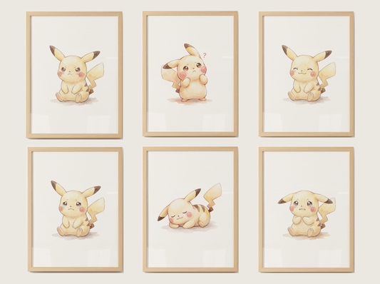 Pokémon Pikachu Emotions Nursery Wall Art Bundle, 6 Printable Posters, Angry Confused Happy Sad Scared Sleepy, Digital Download
