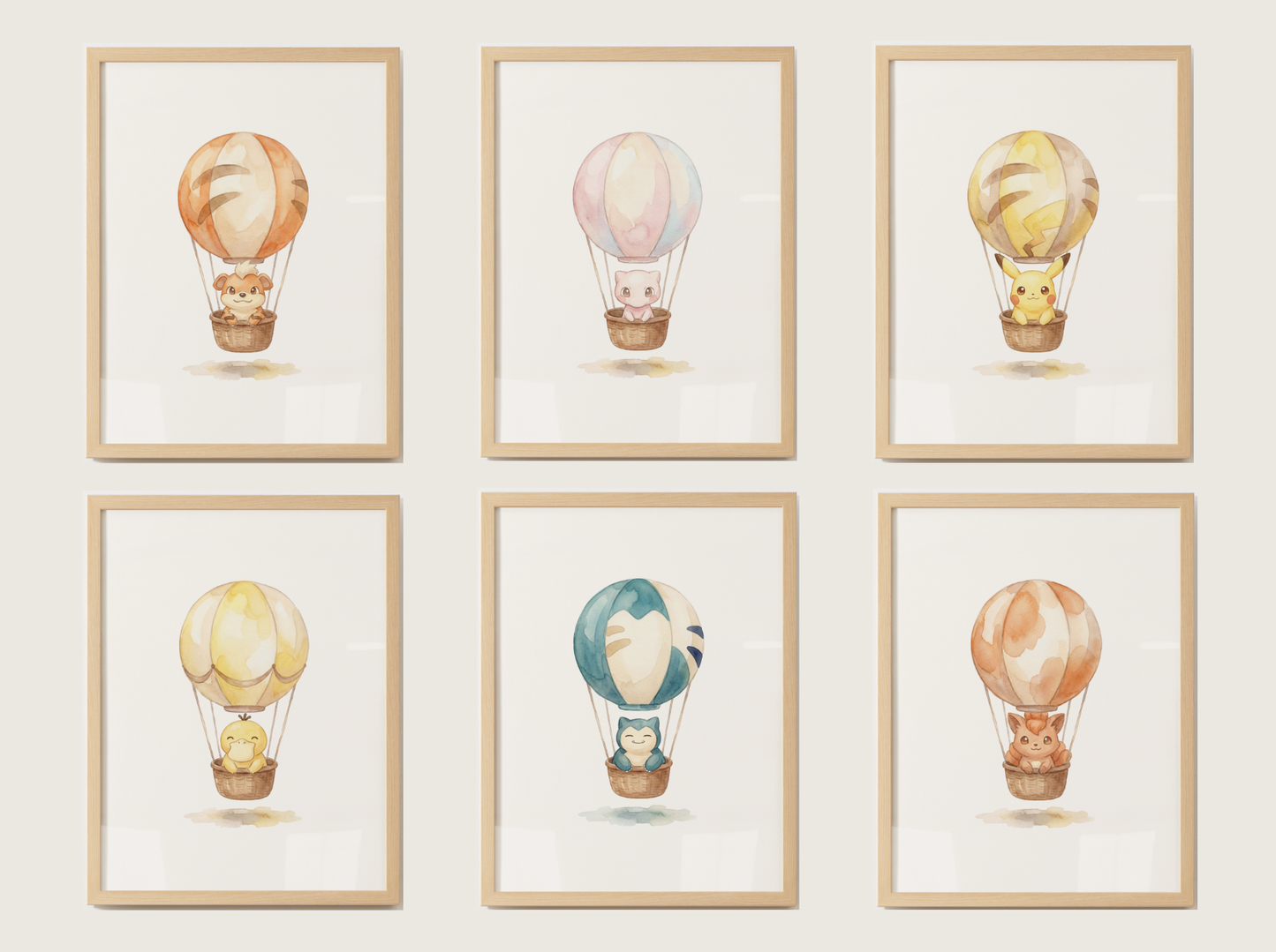 Hot Air Balloon Pokemon Wall Art Bundle, 6 Printable Posters, Gen 1 Favorites, Nursery Kids Room, Digital Download