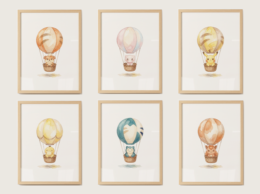 Hot Air Balloon Pokemon Wall Art Bundle, 6 Printable Posters, Gen 1 Favorites, Nursery Kids Room, Digital Download