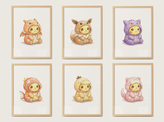 Pikachu Gen 1 Evolutions Wall Art Bundle, 6 Printable Posters, Kids Room Decor, Digital Download
