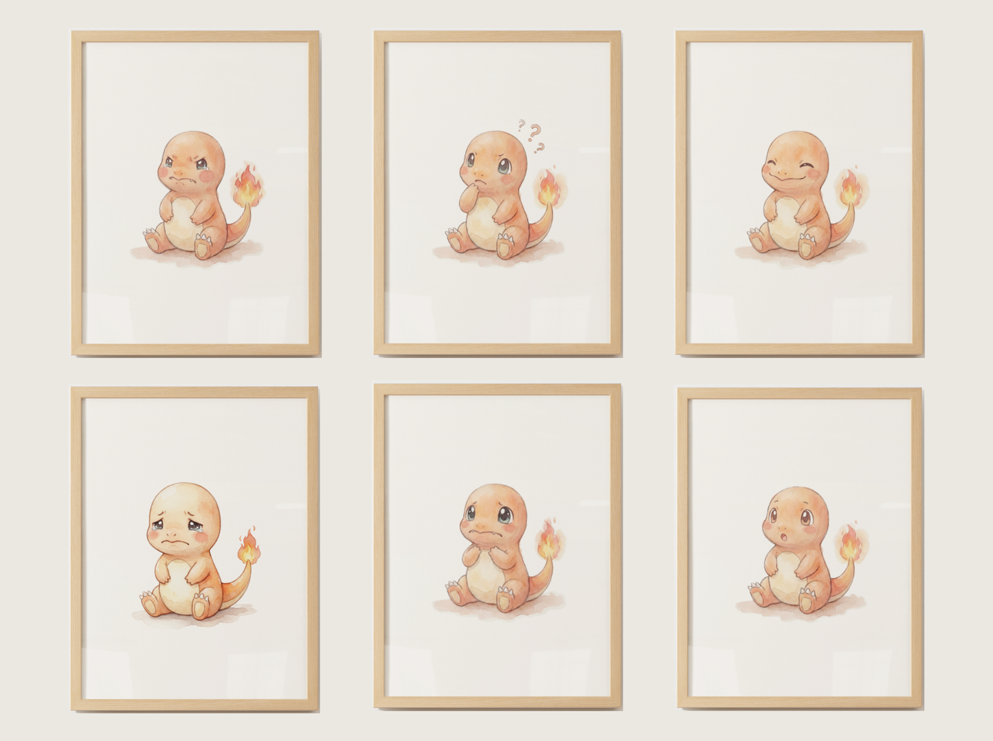 Pokémon Charmander Emotions Nursery Wall Art Bundle, 6 Printable Posters, Angry Confused Happy Sad Scared Surprised, Digital Download