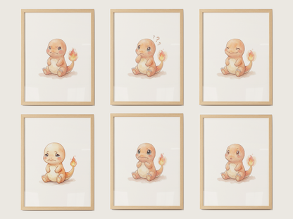 Pokémon Charmander Emotions Nursery Wall Art Bundle, 6 Printable Posters, Angry Confused Happy Sad Scared Surprised, Digital Download