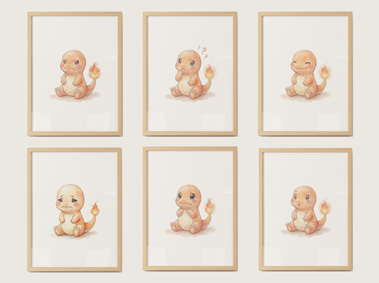 Pokémon Charmander Emotions Nursery Wall Art Bundle, 6 Printable Posters, Angry Confused Happy Sad Scared Surprised, Digital Download