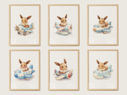 Eevee Airplanes Wall Art Bundle, 6 Printable Posters, Cute Planes Theme, Nursery Kids Room Decor, Instant Download