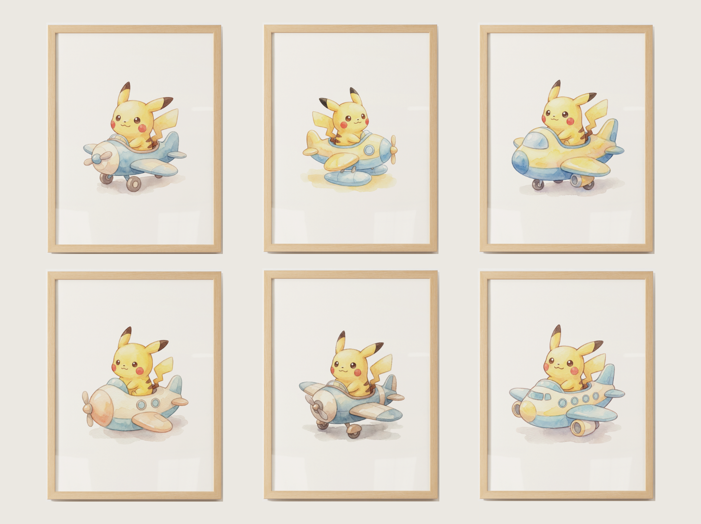 Pikachu Airplanes Wall Art Bundle, 6 Printable Posters, Cute Planes Theme, Nursery Kids Room, Digital Download