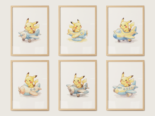 Pikachu Airplanes Wall Art Bundle, 6 Printable Posters, Cute Planes Theme, Nursery Kids Room, Digital Download