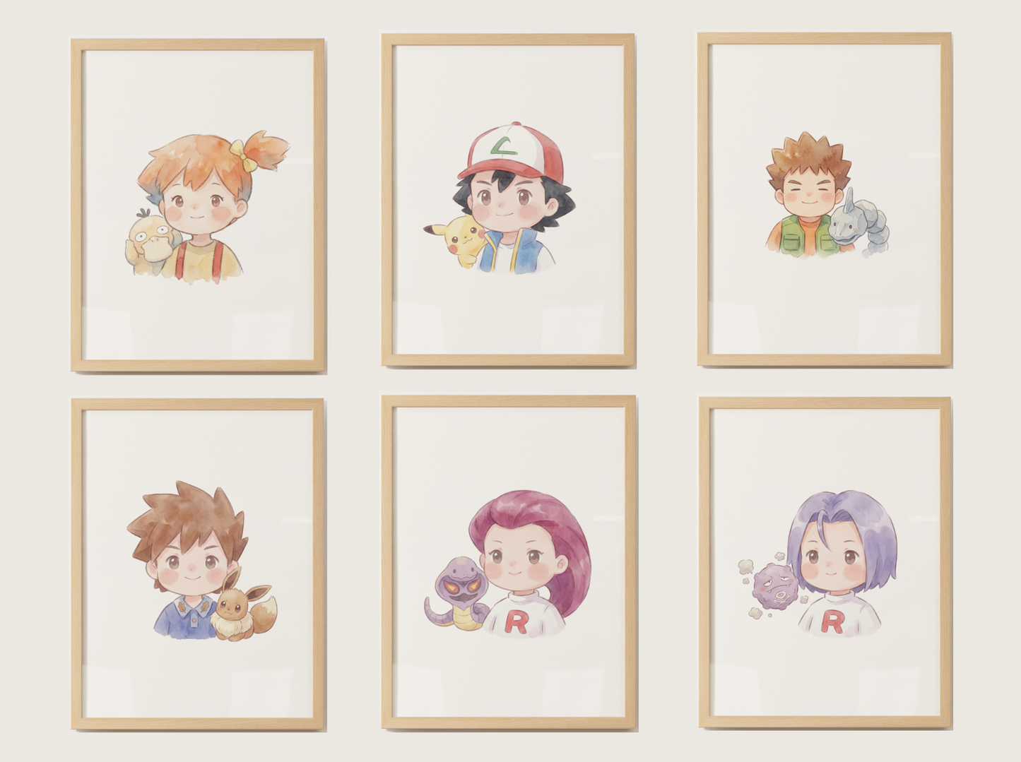Pokémon Trainer Duo Nursery Wall Art Bundle, 6 Printable Posters, Watercolor Kids Room Decor, Instant Download