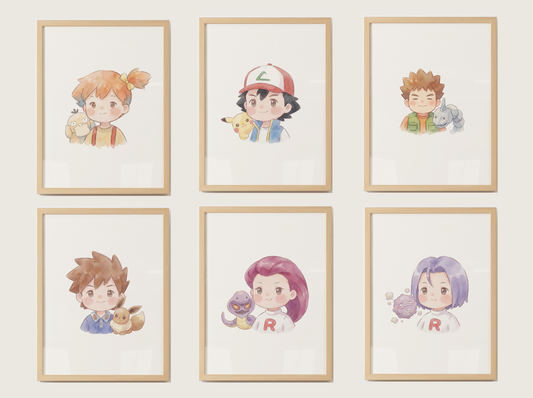 Pokémon Trainer Duo Nursery Wall Art Bundle, 6 Printable Posters, Watercolor Kids Room Decor, Instant Download