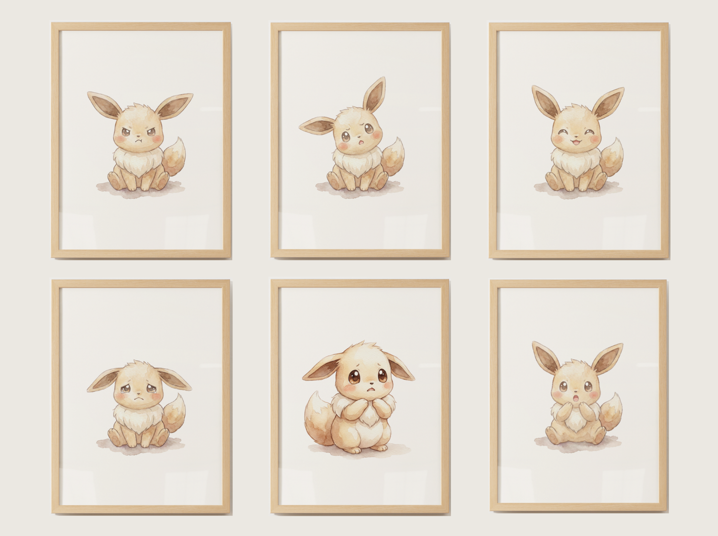 Pokémon Eevee Emotions Nursery Wall Art Bundle, 6 Printable Posters, Angry Confused Happy Sad Scared Surprised, Digital Download