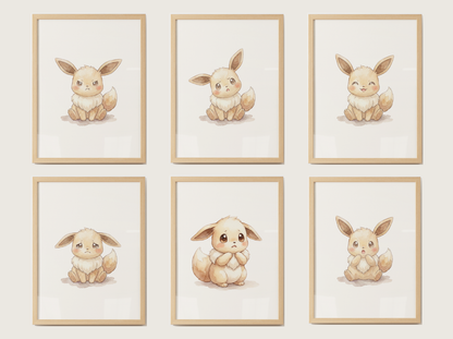 Pokémon Eevee Emotions Nursery Wall Art Bundle, 6 Printable Posters, Angry Confused Happy Sad Scared Surprised, Digital Download