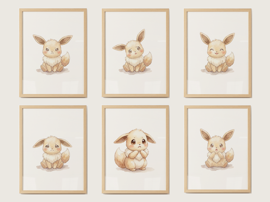 Pokémon Eevee Emotions Nursery Wall Art Bundle, 6 Printable Posters, Angry Confused Happy Sad Scared Surprised, Digital Download