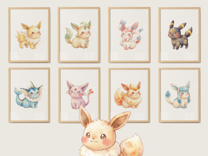 Eeveelutions Nursery Wall Art Bundle, 9 Printable Posters, Eevee Evolutions Decor, Kids Bedroom Playroom, Instant Download