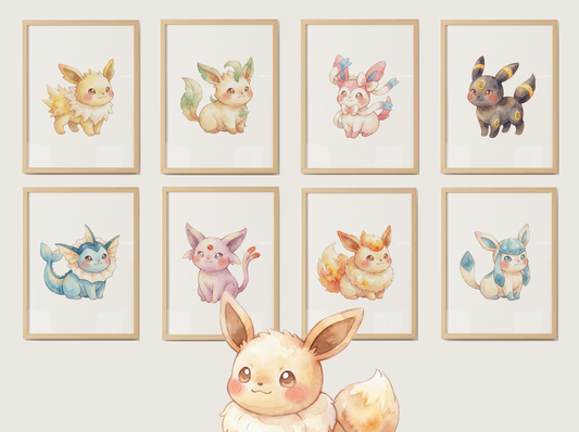 Eeveelutions Nursery Wall Art Bundle, 9 Printable Posters, Eevee Evolutions Decor, Kids Bedroom Playroom, Instant Download
