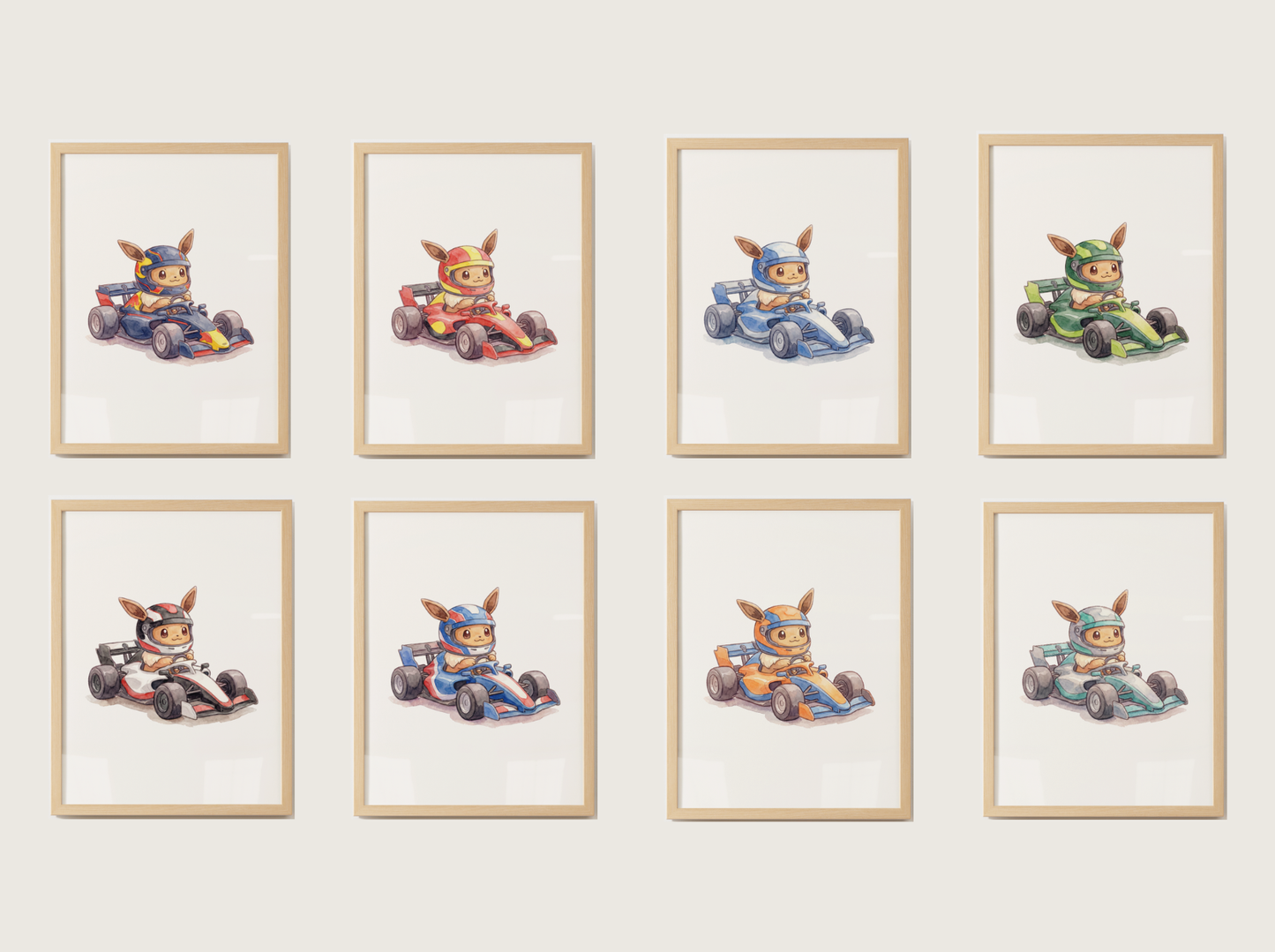 Eevee Race Car Wall Art Bundle, 8 Printable Posters, Formula Style Racing Theme, Kids Room Decor, Instant Download