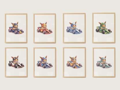 Eevee Race Car Wall Art Bundle, 8 Printable Posters, Formula Style Racing Theme, Kids Room Decor, Instant Download