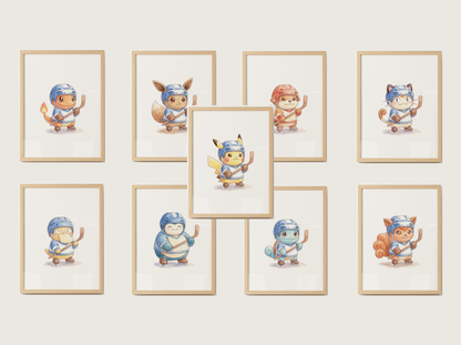 Pokemon Gen 1 Hockey Wall Art Bundle, 9 Printable Posters, Kanto Favorites, Kids Room Decor, Digital Download