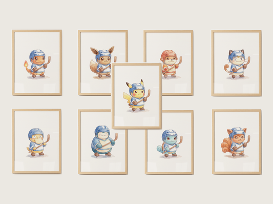 Pokemon Gen 1 Hockey Wall Art Bundle, 9 Printable Posters, Kanto Favorites, Kids Room Decor, Digital Download