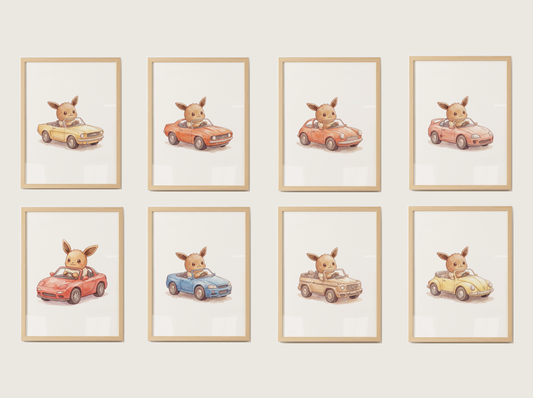 Eevee Classic Cars Wall Art Bundle, 8 Printable Posters, Vintage Car Theme, Kids Room Decor, Instant Download