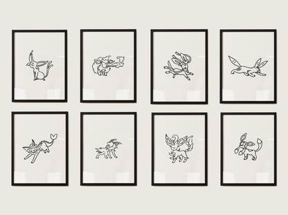 Eevee Evolutions Wall Art Bundle, 9 Minimal Line Prints, Instant Digital Download