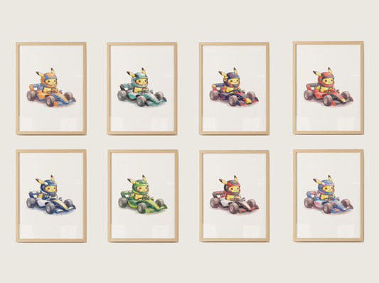 Pikachu Race Car Wall Art Bundle, 8 Printable Posters, Formula Style Racing Theme, Kids Room, Digital Download