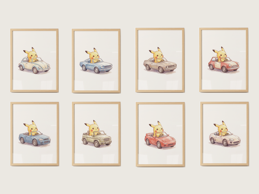 Pikachu Classic Cars Wall Art Bundle, 8 Printable Posters, Vintage Car Theme, Kids Room Decor, Digital Download