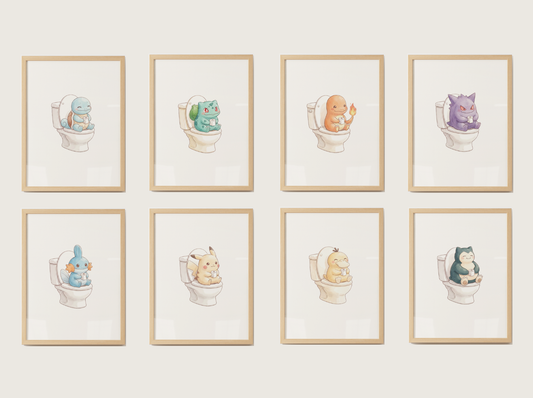 Pokemon Bathroom Wall Art Bundle, 9 Funny Toilet Prints, Cute Washroom Decor, Kids Bathroom Printable Set, Instant Digital Download