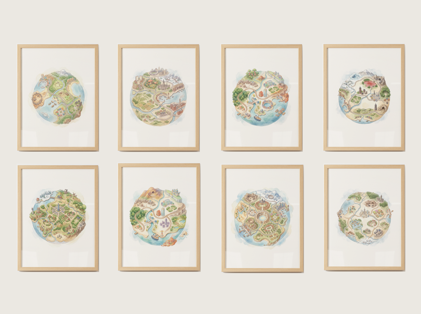 Pokemon Regions Wall Art Bundle, 9 Tiny Planet Prints, Watercolor Globe Posters, Kids Room Decor Set, Instant Download